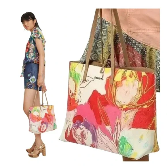 Desigual NWOT Reversible Tote Bag Set Large Floral Tan Pouch Bohemian Chic Art - Picture 4 of 14